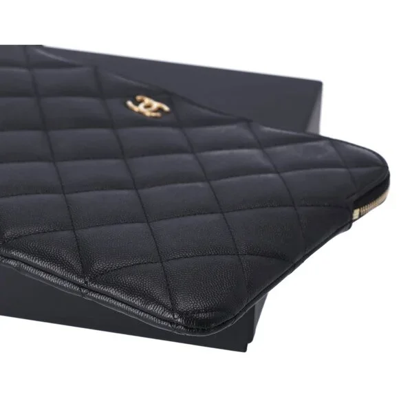 CHANEL Matelasse Clutch Bag Quilted Zip Pouch Black Caviar Leather Full Set - Picture 3 of 9